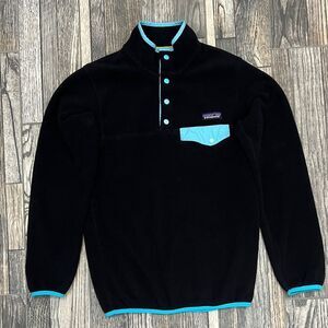 🔥 PATAGONIA SYNCHILLA Sherpa Fleece 4Snap Pullover Sweater Jacket Black/Aqua XS